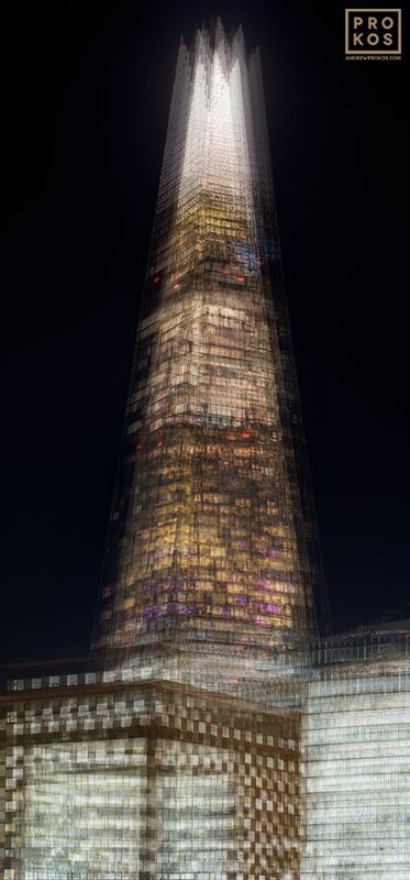 Limited edition framed photography capturing a multiple-exposure view of  London's Shard tower seen at night, from Prokos's latest contemporary photography series 'Multiplicity'. To achieve the composition, Prokos photographs each location multiple times, shifting the perspective slightly with each exposure. The multiple exposures are then layered to achieve a multifaceted composition. The result is an image that expresses both the spatial and temporal elements of the scene in one photograph. 

Large format fine art photos are available in sizes up to 96 inches. Prokos's limited edition prints have won numerous international awards and have been widely published in Elle Decor, Wired Magazine, Harper's Bazaar, Vogue Casa, CNN, and many others. Photos ship direct from the artist's New York City studio or from our London gallery. 
