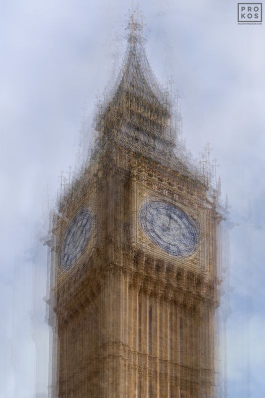 Limited edition fine art photography capturing a multiple-exposure architectural view of Big Ben in the heart of London, from Prokos's latest conceptual photo series Multiplicity. To achieve the composition, Prokos photographs each location multiple times, shifting the perspective slightly with each exposure. The multiple exposures are then layered to achieve a multifaceted composition. The result is an image that expresses both the spatial and temporal elements of the scene in one photograph. 

Large-format prints are available in sizes up to 80 inches. Prokos's framed prints have won numerous international awards and have been widely published in Elle Decor, Wired Magazine, Harper's Bazaar, Vogue Casa, CNN, and many others. Photos ship direct from the artist's New York gallery or from our framer in London, UK. 
