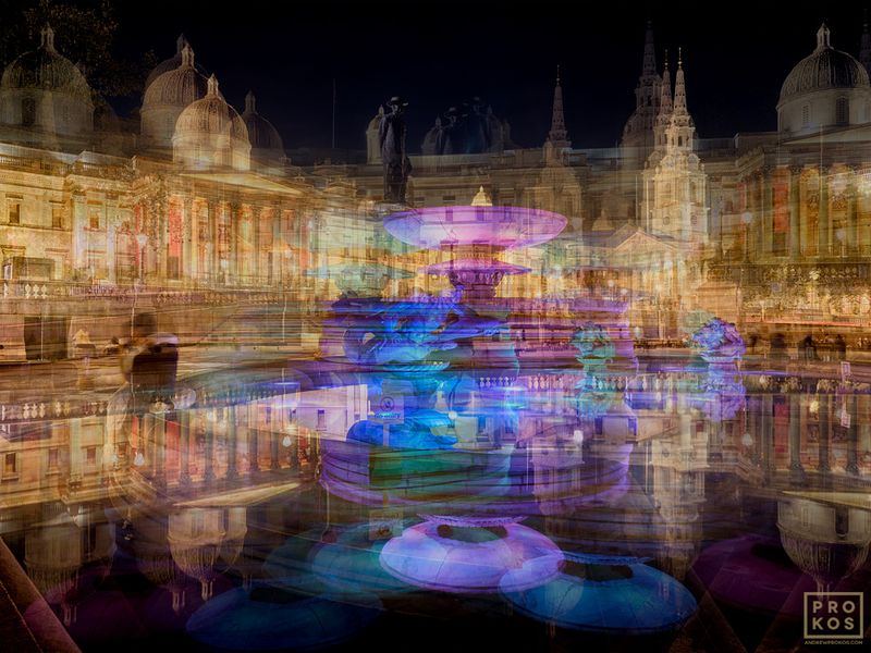 Limited edition framed photography capturing a multiple-exposure photography view of  London's Trafalgar Square fountains seen at night,from Prokos's latest contemporary photography series 'Multiplicity'. To achieve the composition, Prokos photographs each location multiple times, shifting the perspective slightly with each exposure. The multiple exposures are then layered to achieve a multifaceted composition. The result is an image that expresses both the spatial and temporal elements of the scene in one photograph.  

Large format large format fine art prints are available in sizes up to 80 inches. Prokos's limited edition prints have won numerous international awards and have been widely published in Elle Decor, Wired Magazine, Harper's Bazaar, Vogue Casa, CNN, and many others. Photos ship direct from the artist's New York City studio or from our London art gallery. 