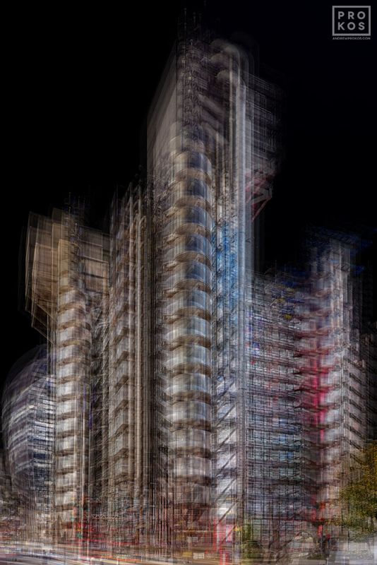 Limited edition fine art photography prints capturing multiple-exposure views of Lloyds Building seen at night, from Prokos's latest conceptual photography series 'Multiplicity'. To achieve the composition, Prokos photographs each location multiple times, shifting the perspective slightly with each exposure. The multiple exposures are then layered to achieve a multifaceted composition. The result is an image that expresses both the spatial and temporal elements of the scene in one photograph.  

Large format large format prints are available in sizes up to 96 inches. Prokos's limited edition prints have won numerous international awards and have been widely published in Elle Decor, Wired Magazine, Harper's Bazaar, Vogue Casa, CNN, and many others. Photos ship direct from the artist's New York City gallery or London photo gallery. 