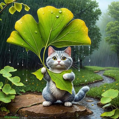 Cat under Ginkgo leaf in rain.jpg