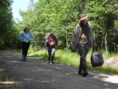 Returning from painting in the bog -- Alex, Aleta, and Don