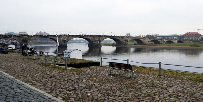 The Augustus Bridge (1727) spans the Elbe River in Dresden, Germany
