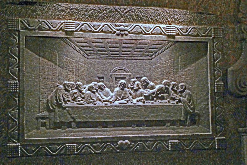 Relief of The Last Supper carved in the green rock salt wall of St. Kingas Chapel