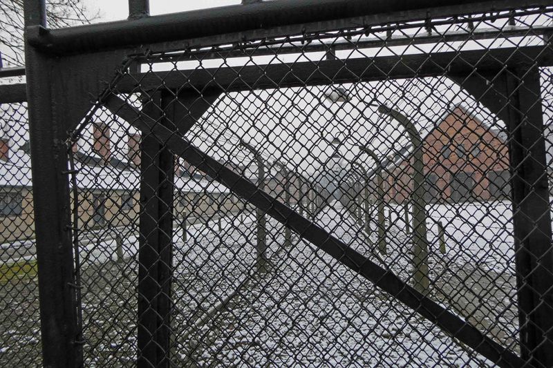 Paired electrified barbed-wire fences in Auschwitz