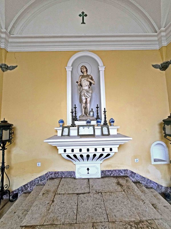 Chapel with statue of Saint Sebastian inside the Sao Sebastian Fort-Museum, Sao Tome.jpg