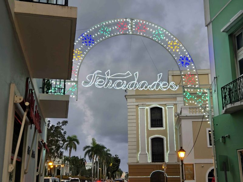 Christmas decorations on Calle Fortaleza in Old San Juan