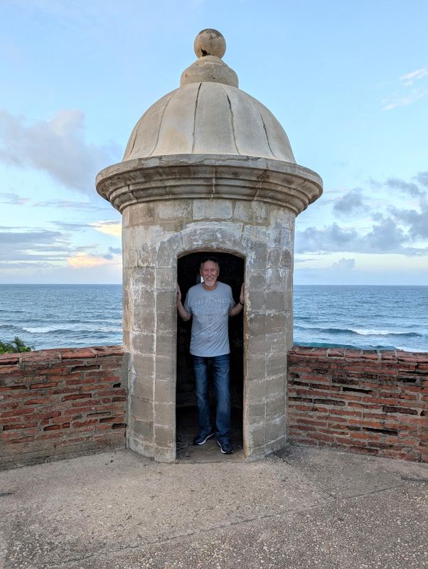 Bill in sentry box at Castillo San Cristobal in San Juan