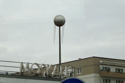 Replica of Sputnik above Cafe Moscow in Berlin built in 1961-64