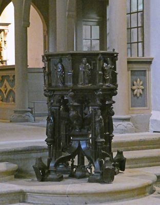 Decorated baptismal font by Hermann Vischer is the oldest exhibit in St. Mary's Church