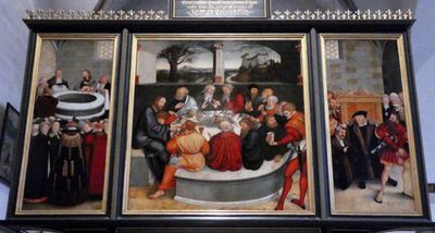 Triptych in St. Mary's by Cranach the Elder uses faces of Martin Luther and other refromers in the Last Supper