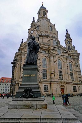 A statue of Martin Luther stands near Frauenkirche where he often preached in Dresden