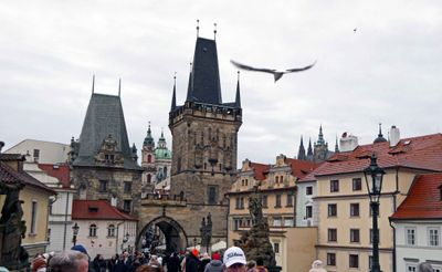 View of Lesser Bridge Tower from the Charles Bridge in Prague