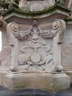 Base of St. Francis Borgia statue on the Charles Bridge