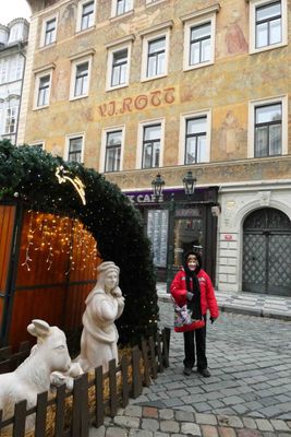 Susan in front of the Hard Rock Cafe in Prague