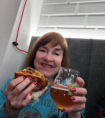 Enjoying the burgers and beer in Olomouc, Czech Republic