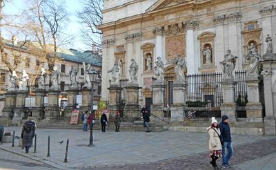 Statues in front of the Church of Saints Peter and Paul depict the 12 apostles of Jesus, with Saint Matthias in place of