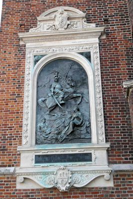 Plaque on St. Mary's Basilica depicts King Jan III Sobieski (reigned 1674-96)