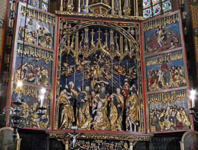 The Altarpiece of St. Mary's Basilica when opened is 42.5 ft tall & 36 ft wide with figures over 12 ft high