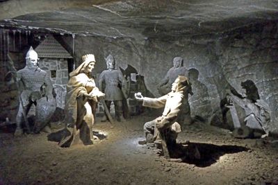 Rock Salt Statues depict the Legend of Princess Kinga in the 'Wieliczka' Salt Mine in Poland