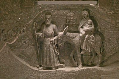 Rock salt carving of Joseph, Mary, and Jesus in St. Kinga's Chapel