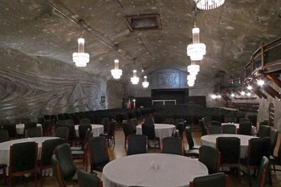 Wieliczka Salt Mine has several banquets halls carved from rock salt that hold 90-400 people