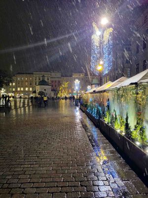 A little snow on our way to dinner in Krakow, Poland