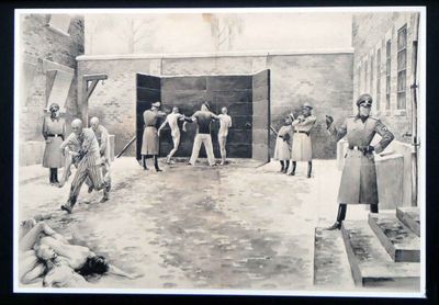 Drawing of activities at the 'Death Wall' at the side of block 11 in Auschwitz