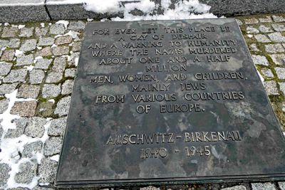 English version of plaque at the International Monument to the Victims of Fascism at Birkenau