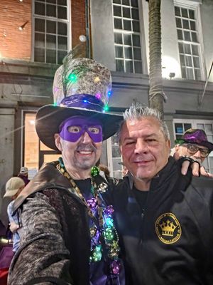 Bill & Bill on Muses Parade Route with Chet photobombing