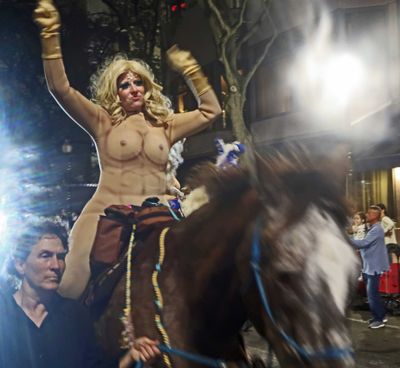 Lady Godiva horseback riding group wear bodysuits in Muses Parade