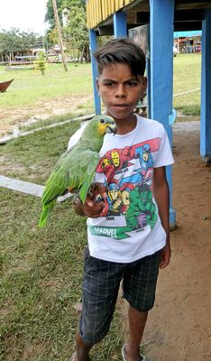 Boca da Valeria kid with talking parrot & Marvel comics T-shirt