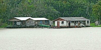 Floating houses on January Lake on a rainy day