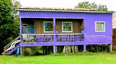 Purple house with artistic shutters