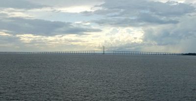 Last look at Rio Negro Bridge leaving Manaus, Brazil