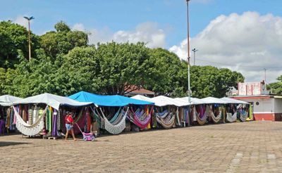 Hammocks for sale at an outdoor market in Santarem