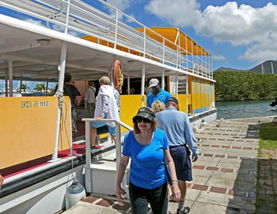 Boarding tour boat to ride around Simpson Bay Lagoon