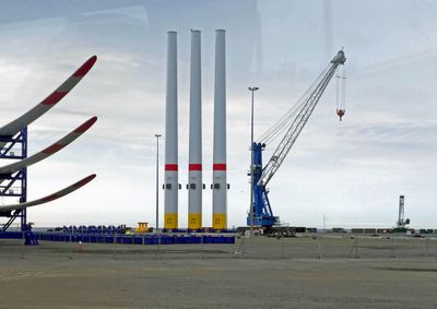 Wind Turbine Towers awaiting shipment from the Port of  Roenne