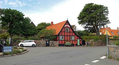 Half-timered house in the fishing village of Gudhjem, Denmark