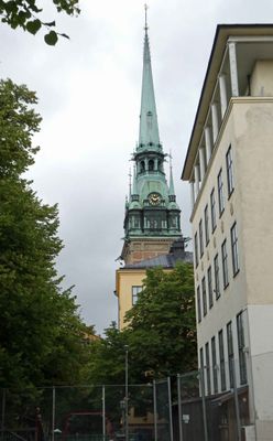 The copper-covered spire on the German Church in Stockholm was completed in 1878