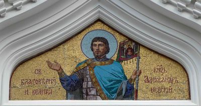 A mosaic of Alexander Nevsky above the side entrance of Alexander Nevsky Cathedral