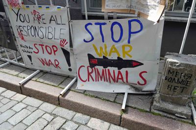 More signs in front of the Russian Embassy in Tallinn
