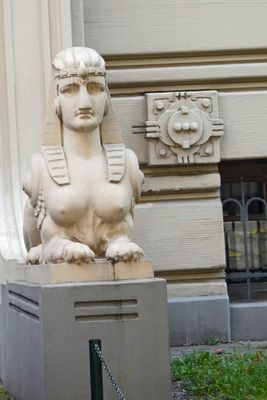 One of two female sphinxes at the entrance to building at 2A Alberta Iela, Riga, Latvia