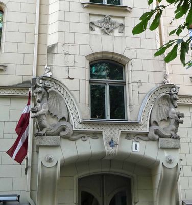 Dragons guard the entrance to this 1904 Art Nouveau building in Riga, Latvia