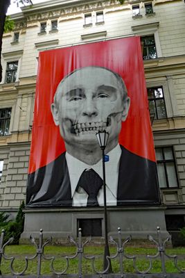 Banner on the Museum of Medical History faces the Russian Embassy in Riga, Latvia