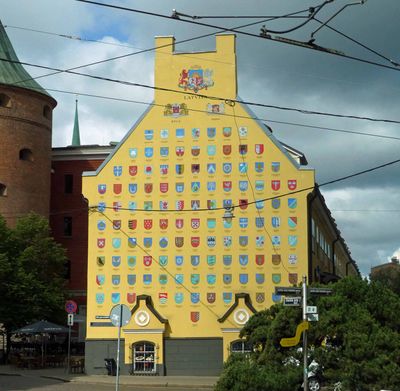 Jacob's Barracks building in Riga shows coats of arms for most Latvian cities