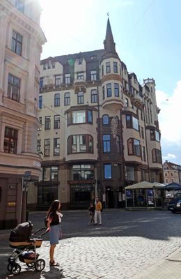 Apartments and businesses in building next to Dome Square in Riga, Latvia