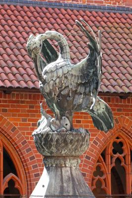 Stork feeding her young sits atop the well in the High Castle Courtyard at Malbork