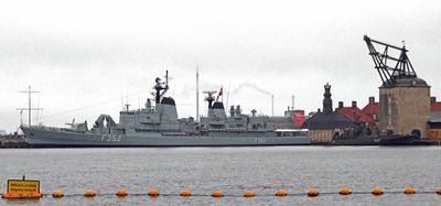 HDMS Peder Skram (Frigate) docked beside a 1751 Masting Crane in Copenhagen, Denmark