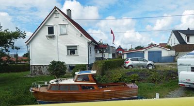 Boat parked in a yard in Haugesund, Norway